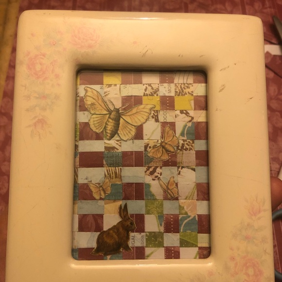 Handmade Vintage Illustration Weave Paper Art Bunny Rabbit Moths in Frame - Picture 2 of 6